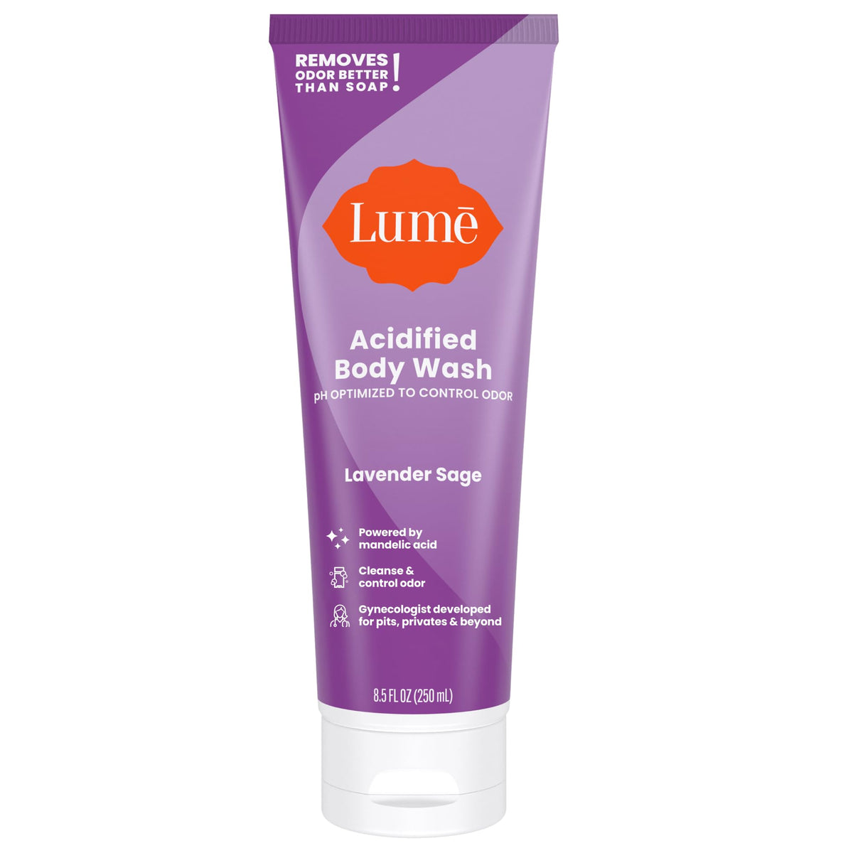Lume Acidified Body Wash bottle with pump for easy application and odor control