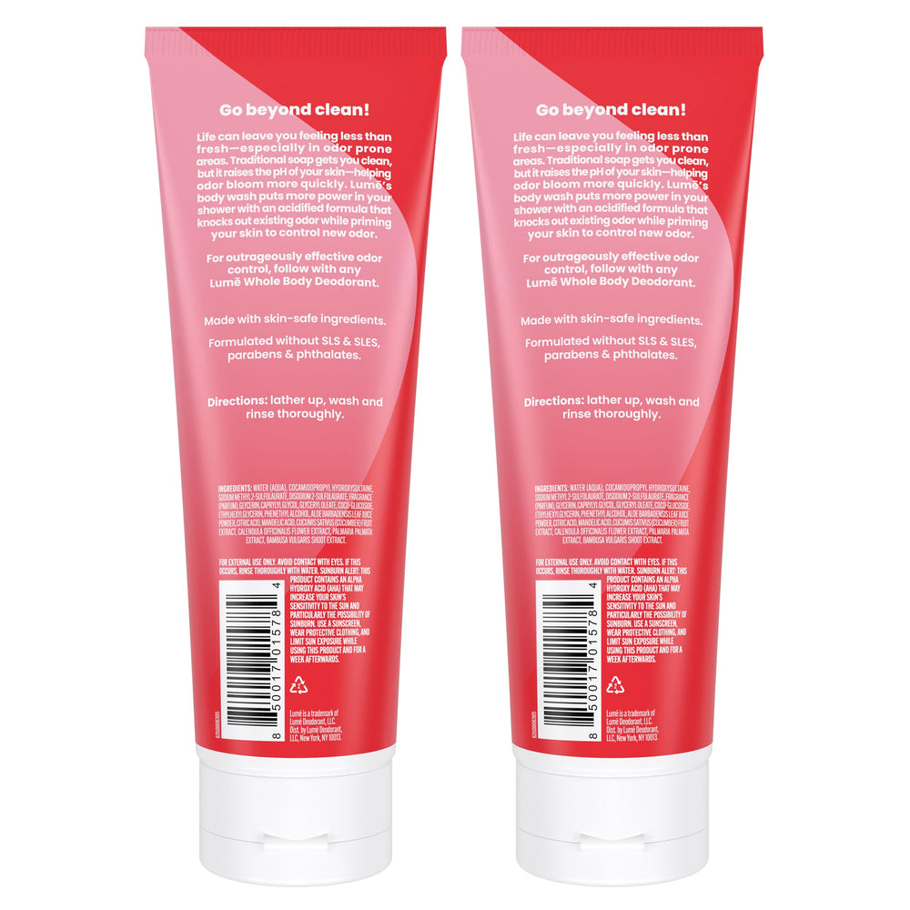Lume Acidified Body Wash foam close-up shows rich cleansing lather