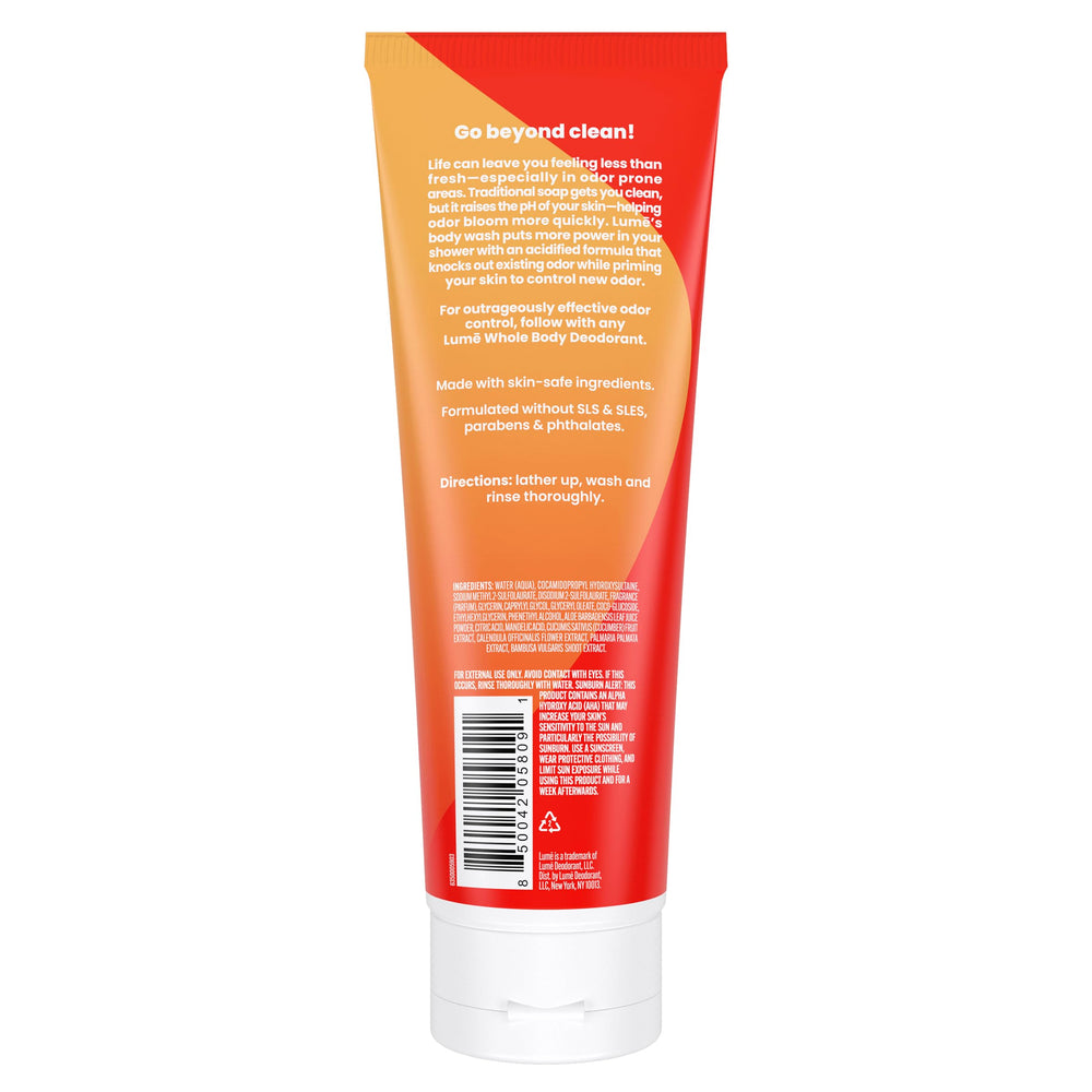 Lume Acidified Body Wash label-closeup shows SLS-free, paraben-free formula