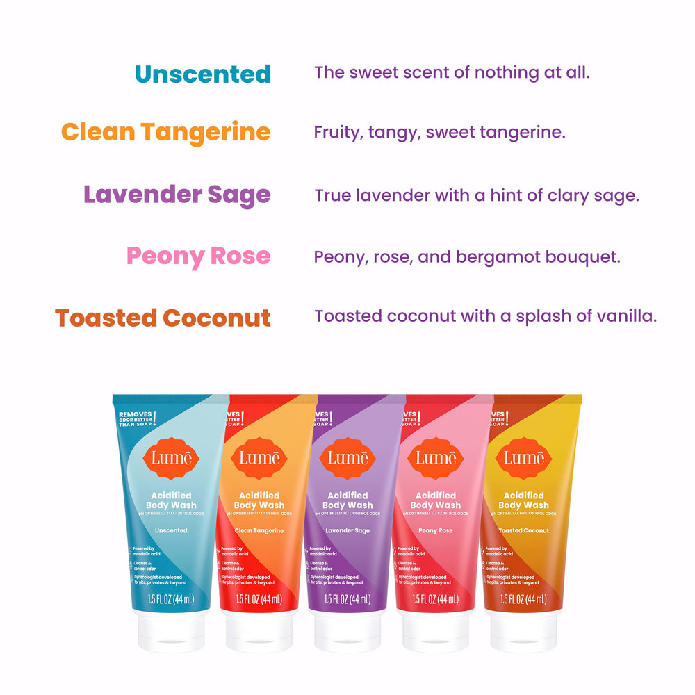 Lume Acidified Body Wash mini Lavender Sage bottle with soothing scent and moisture.