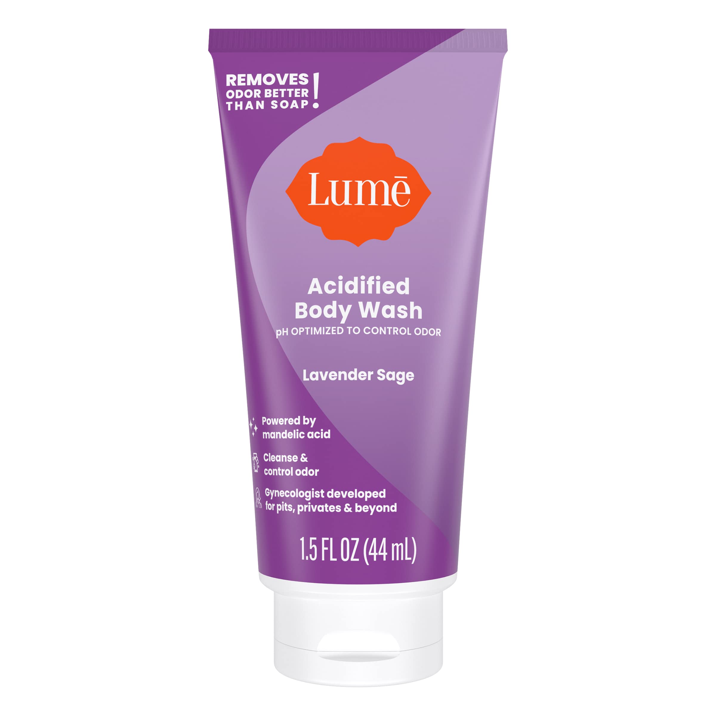 Close-up of Lume mini tube showing compact travel size format.