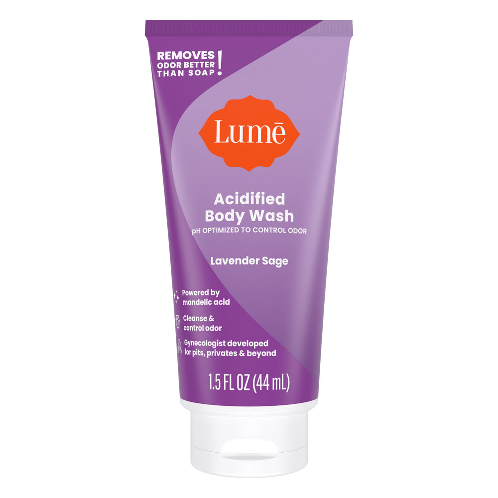 Close-up of Lume mini tube showing compact travel size format.