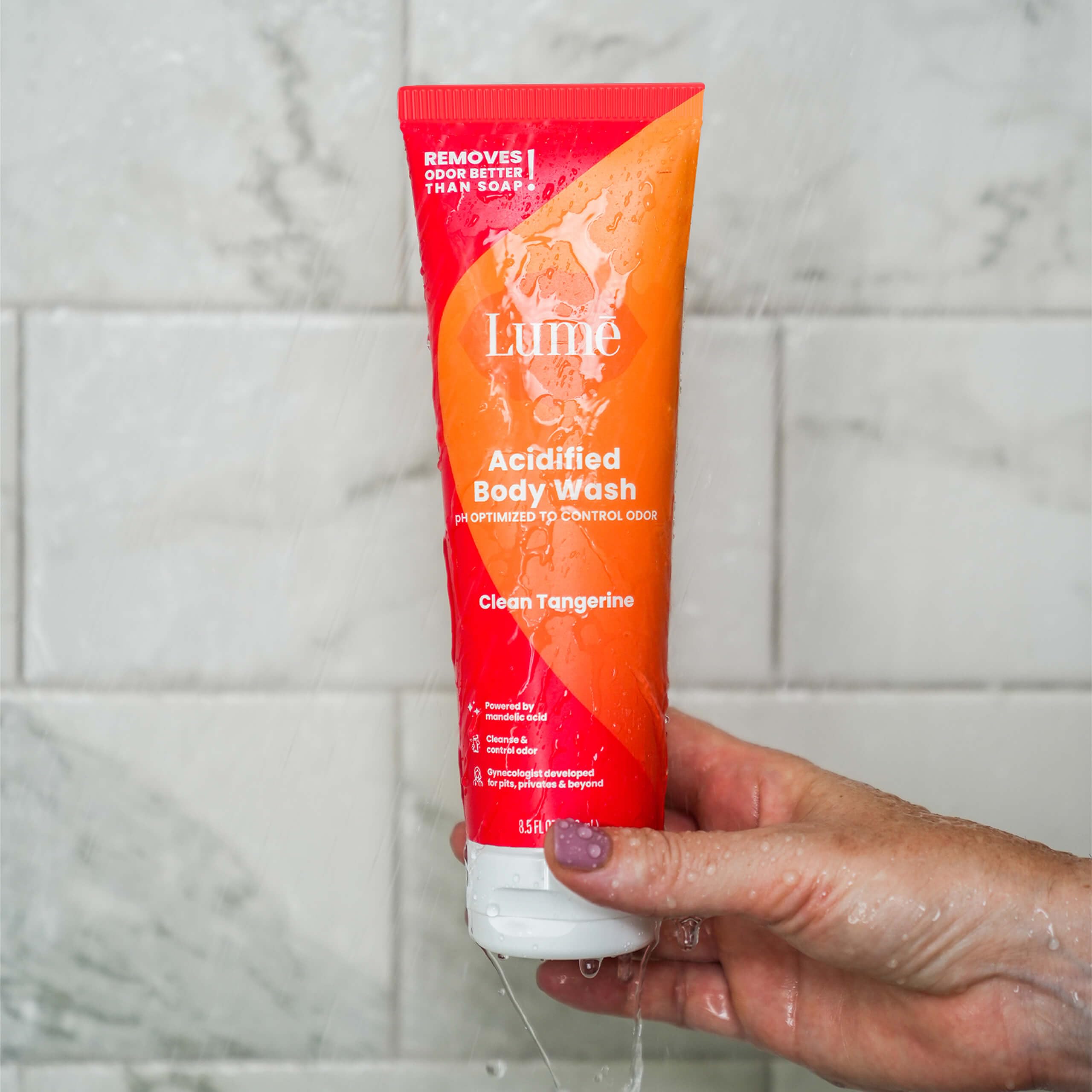 Lume Acidified Body Wash packaging-scene features 8.5 oz bottle