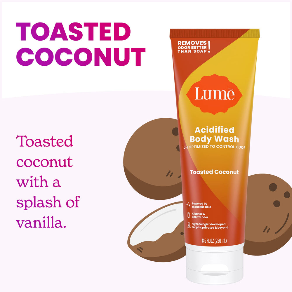 Lume acidified body wash pour splash highlighting aroma