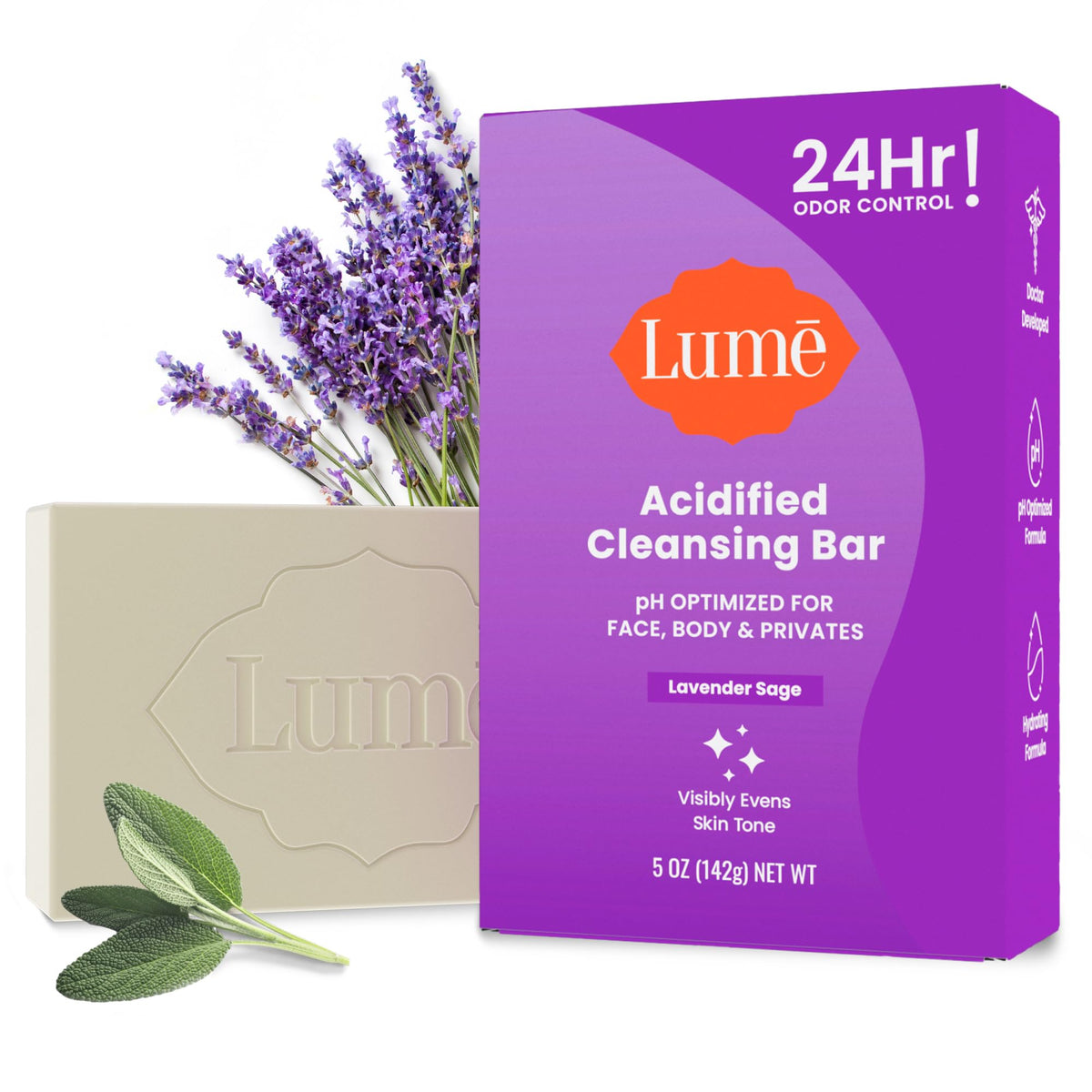 Lume Acidified Cleansing Bar Lavender Sage, a long-lasting odor control bar.
