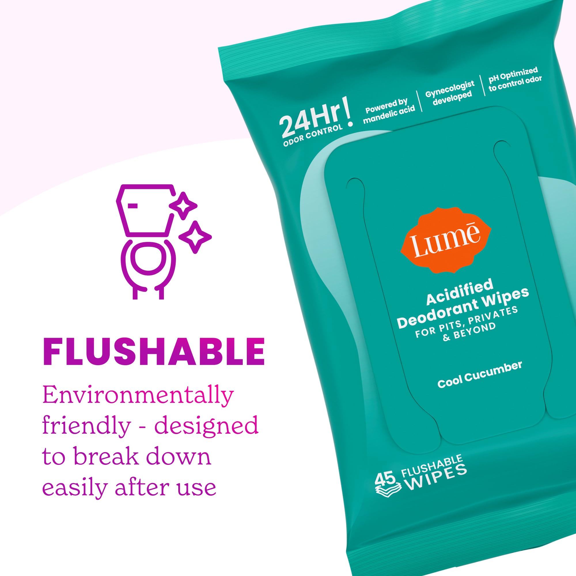Lume Acidified Deodorant Wipes 6x6 inch towelettes for easy touch-ups