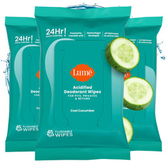 Lume Acidified Deodorant Wipes cucumber hero image shows fresh scent and long-lasting odor control