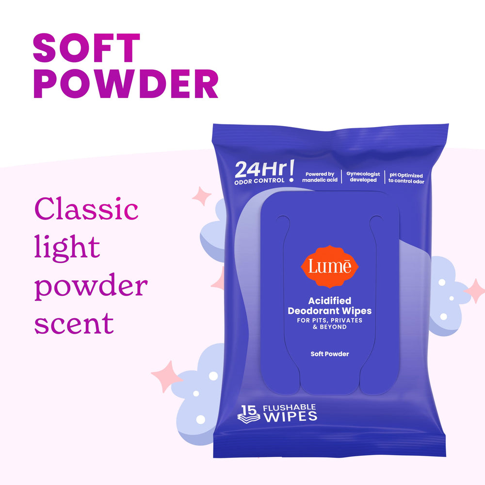 Lume Acidified Deodorant Wipes flushable towelettes for easy disposal.