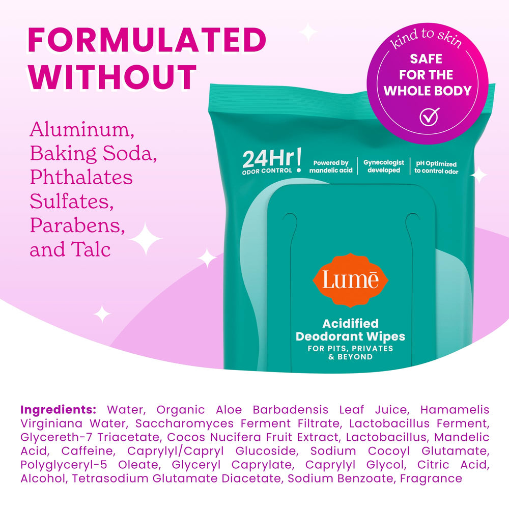 Lume wipes in use on underarm for quick refresh and odor protection