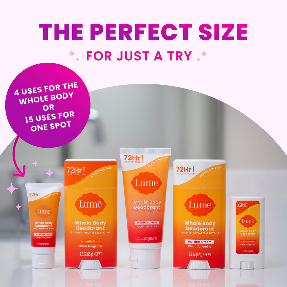 Lume baking soda-free formula gentle on sensitive skin areas.