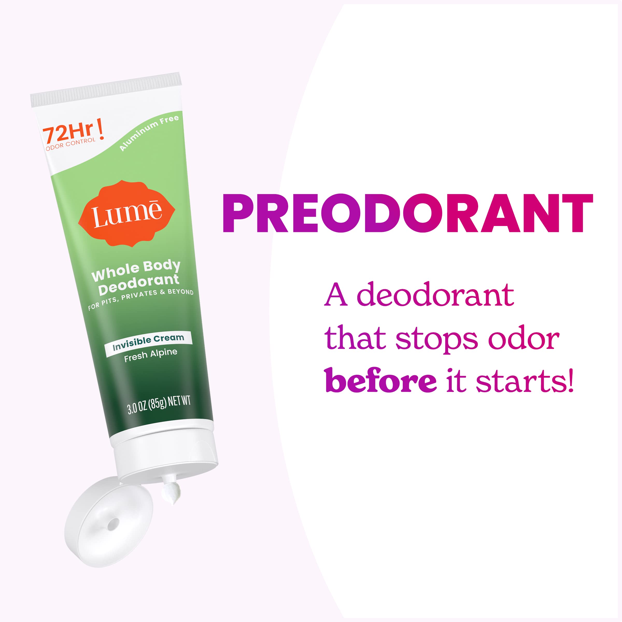Lume baking soda-free hypoallergenic formula close-up.