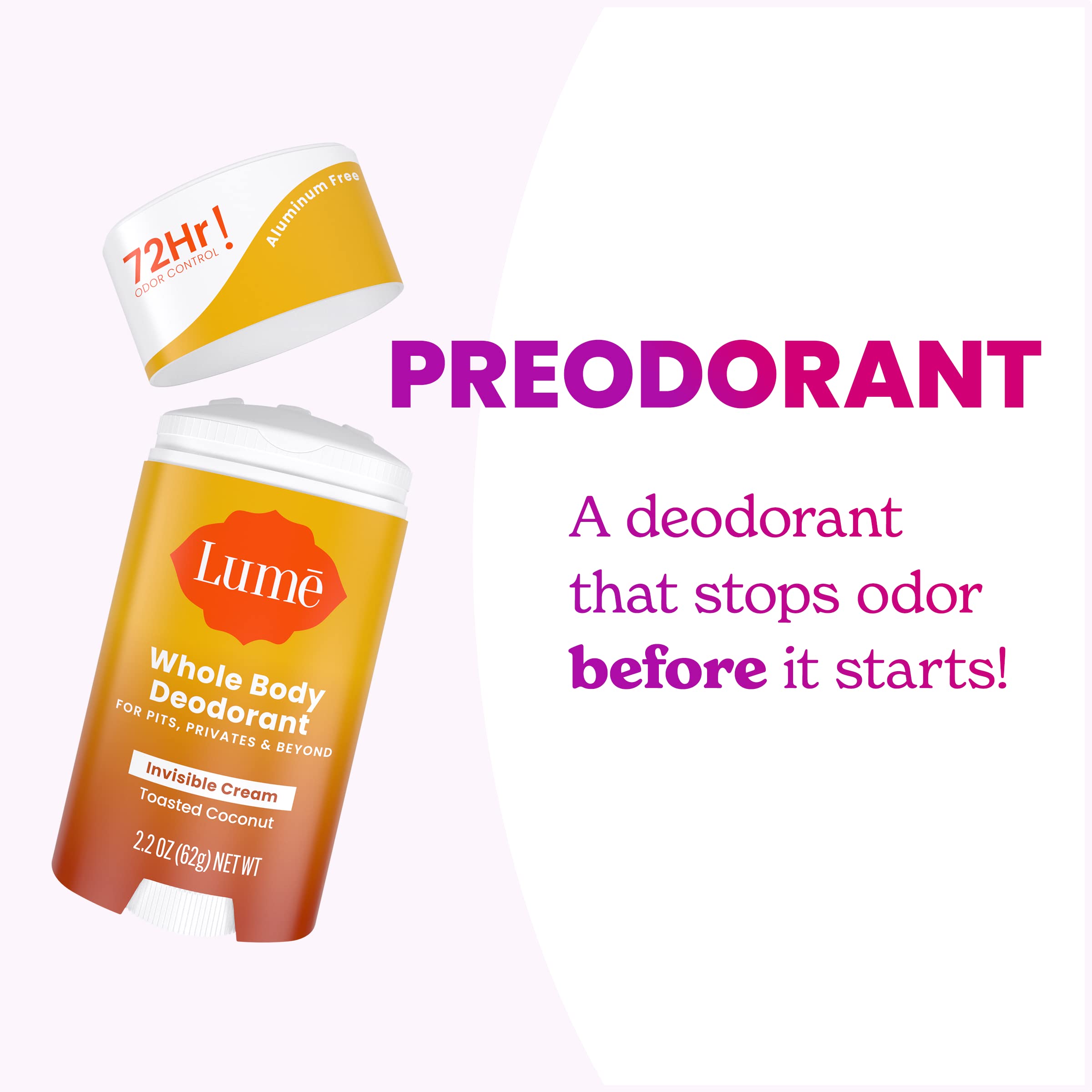 Lume near belly button area highlights skin-safe, aluminum-free formula.