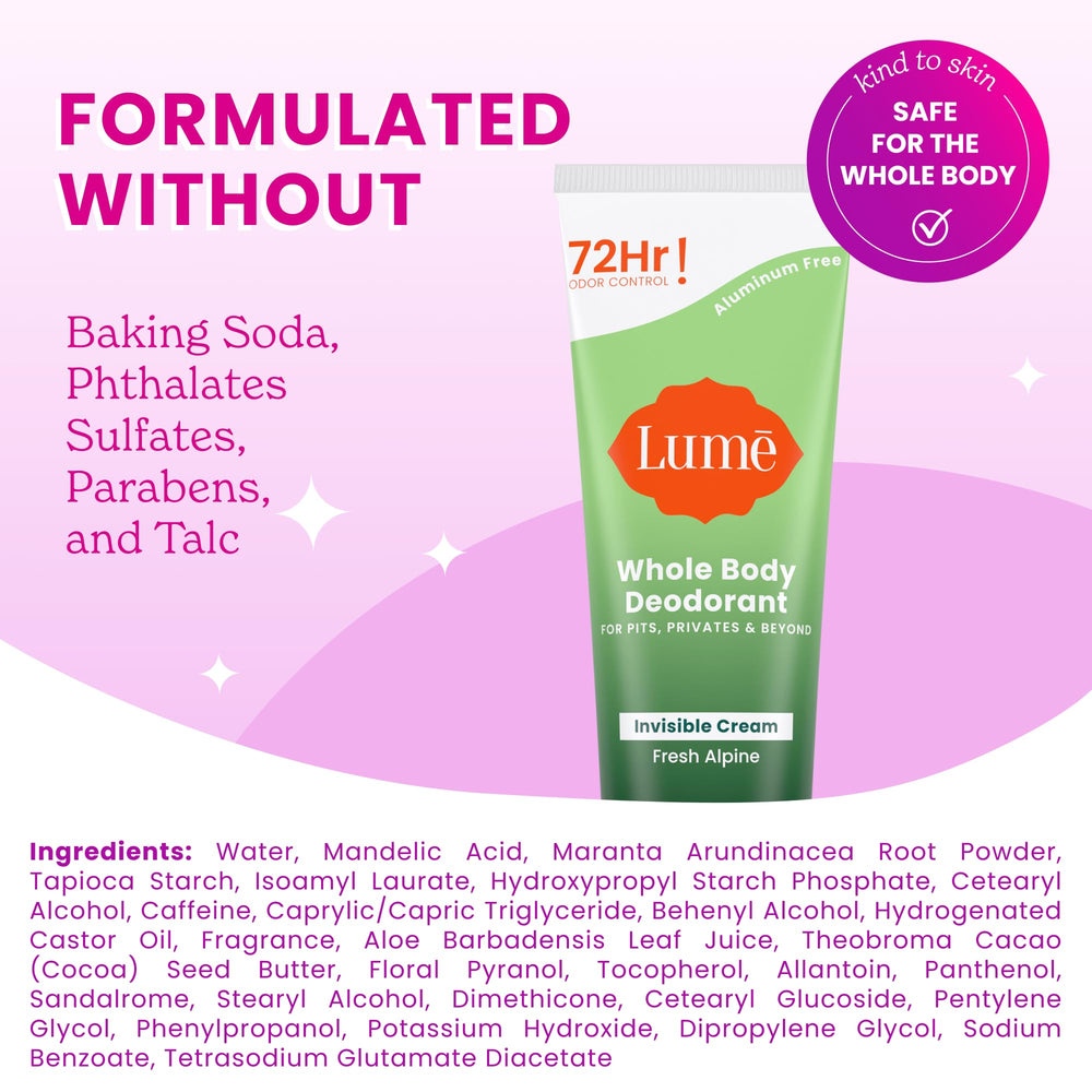 Lume odor control across areas like feet and folds for everyday freshness.