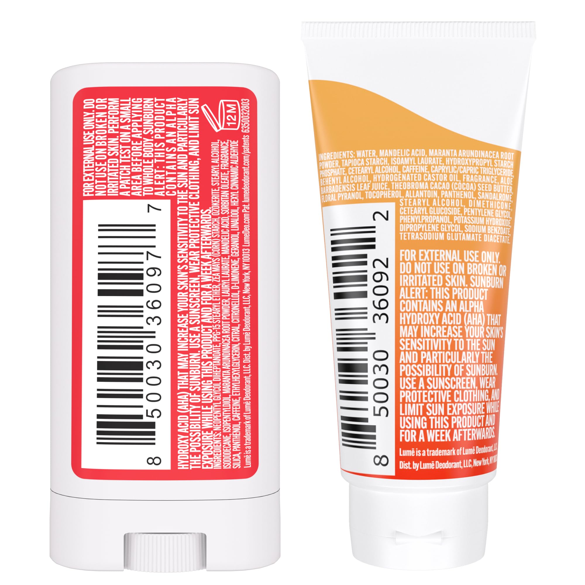 Lume clean-tangerine label close-up highlights refreshing scent and skin-friendly formula.