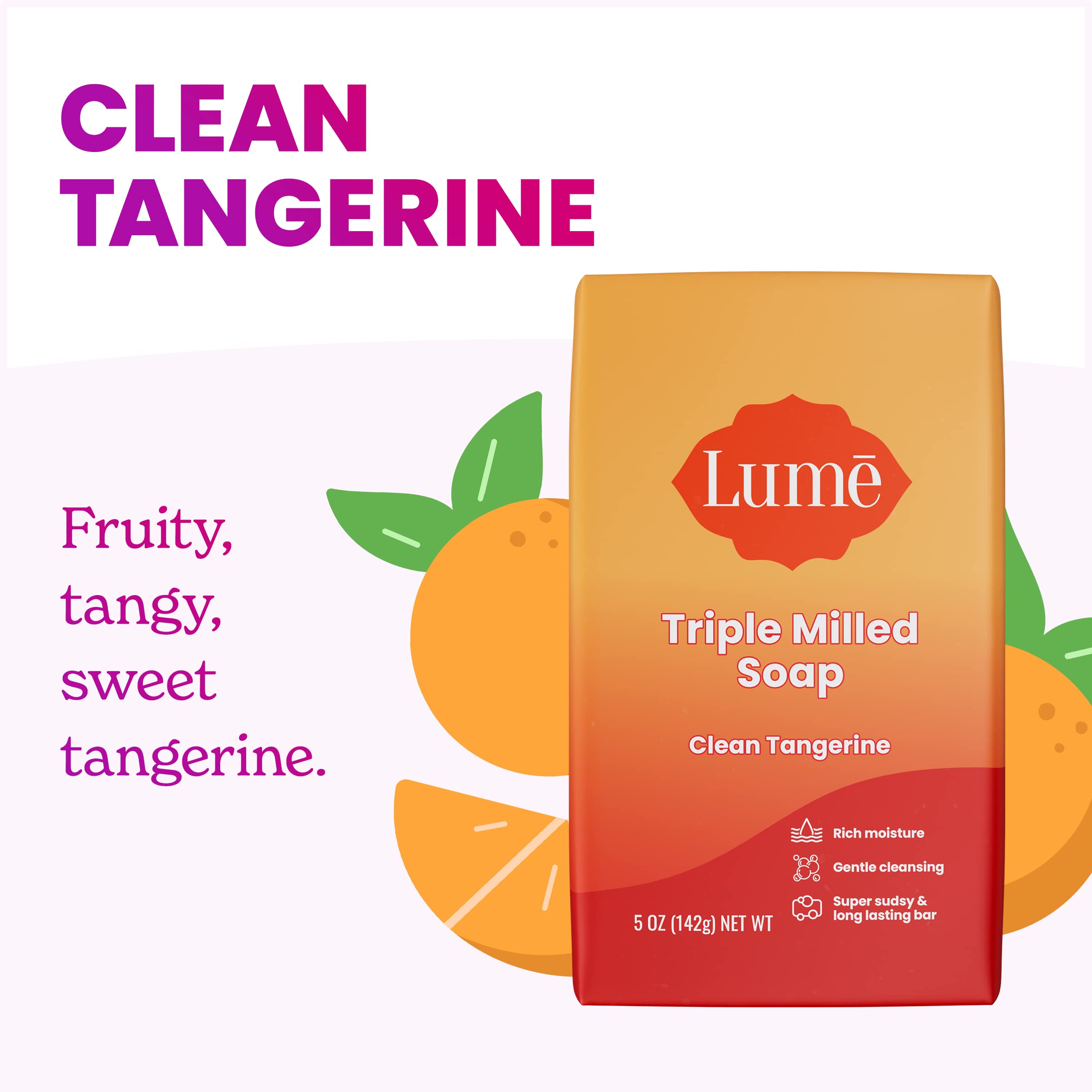 Lume Clean Tangerine scent provides bright citrus notes for a refreshing shower.