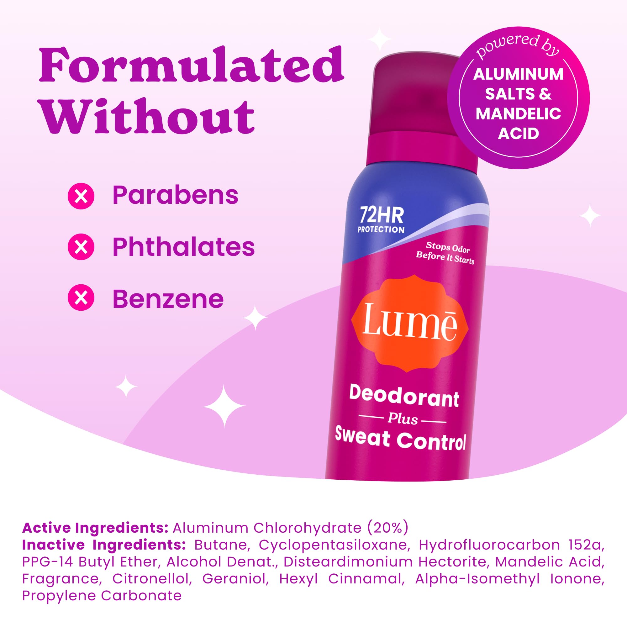 Graphic noting 72-hour protection claims for Lume Deodorant Plus Invisible Spray.