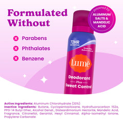 Graphic noting 72-hour protection claims for Lume Deodorant Plus Invisible Spray.