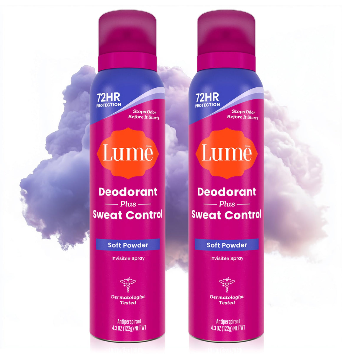 Lume Deodorant Plus invisible spray with soft powder scent in a two-pack for long-lasting protection.