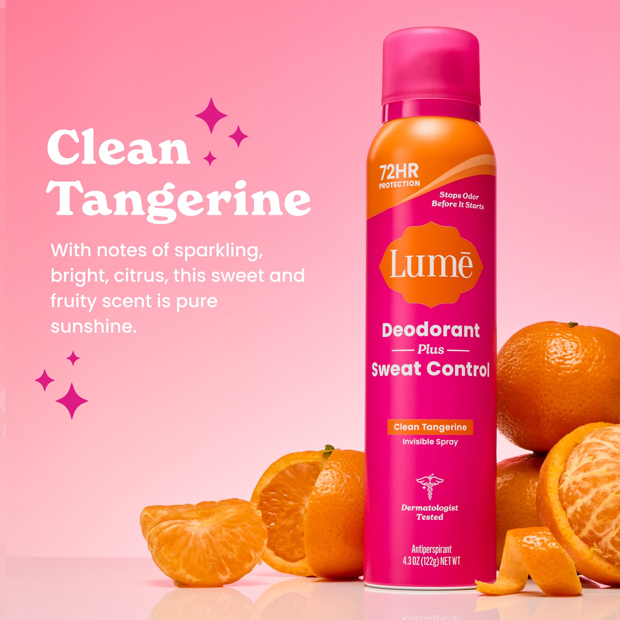 Lume Deodorant Plus Sweat Control bottle back highlights baking soda-free formula for sensitive underarms.