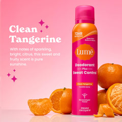 Lume Deodorant Plus Sweat Control bottle back highlights baking soda-free formula for sensitive underarms.