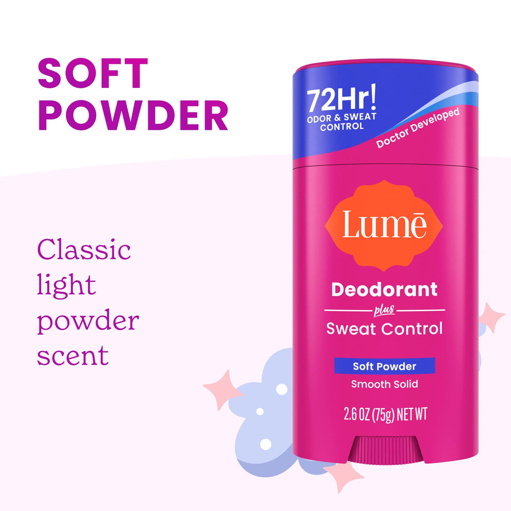 Lume Deodorant Plus Sweat Control hypoallergenic formula for all skin types.