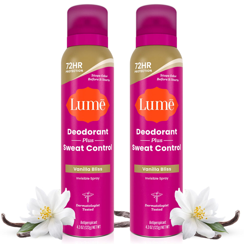 Lume Deodorant Plus Sweat Control invisible spray for all-day odor protection.