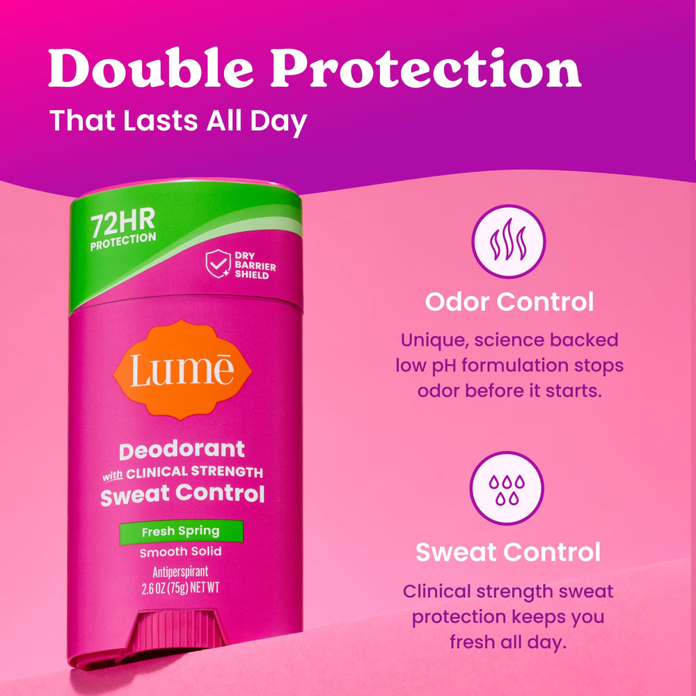 Lume Deodorant Plus Sweat Control bottle demonstrates 72 hour odor and sweat protection