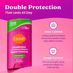 Lume Deodorant Plus Sweat Control bottle demonstrates 72 hour odor and sweat protection
