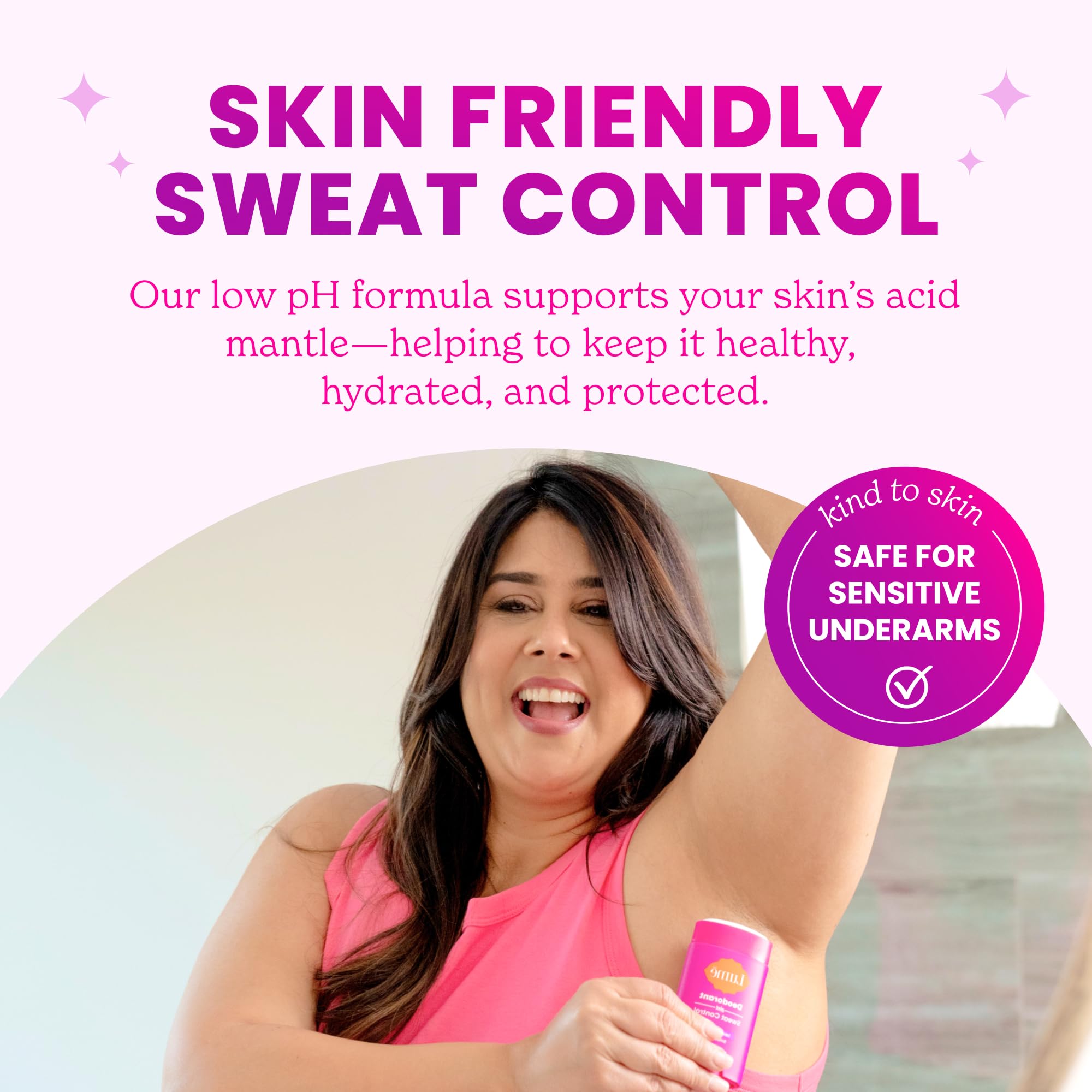 Lume Deodorant Plus Sweat Control hypoallergenic label indicating skin friendly formula