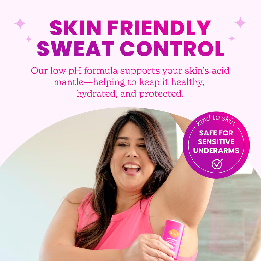 Lume Deodorant Plus Sweat Control hypoallergenic label indicating skin friendly formula