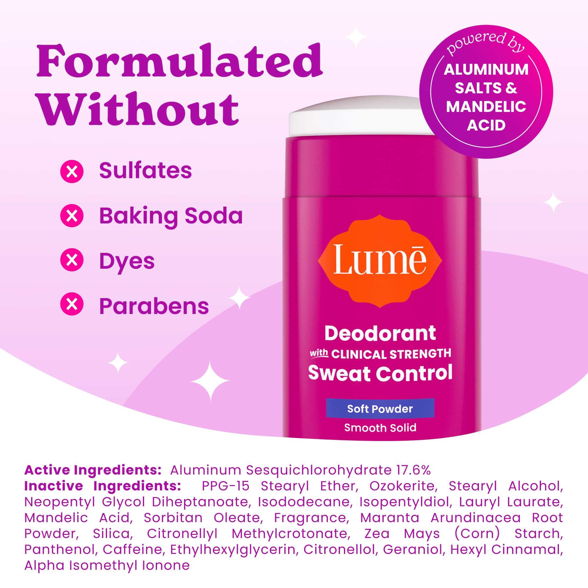 Lume Deodorant Plus Sweat Control smooth glide for comfortable application.