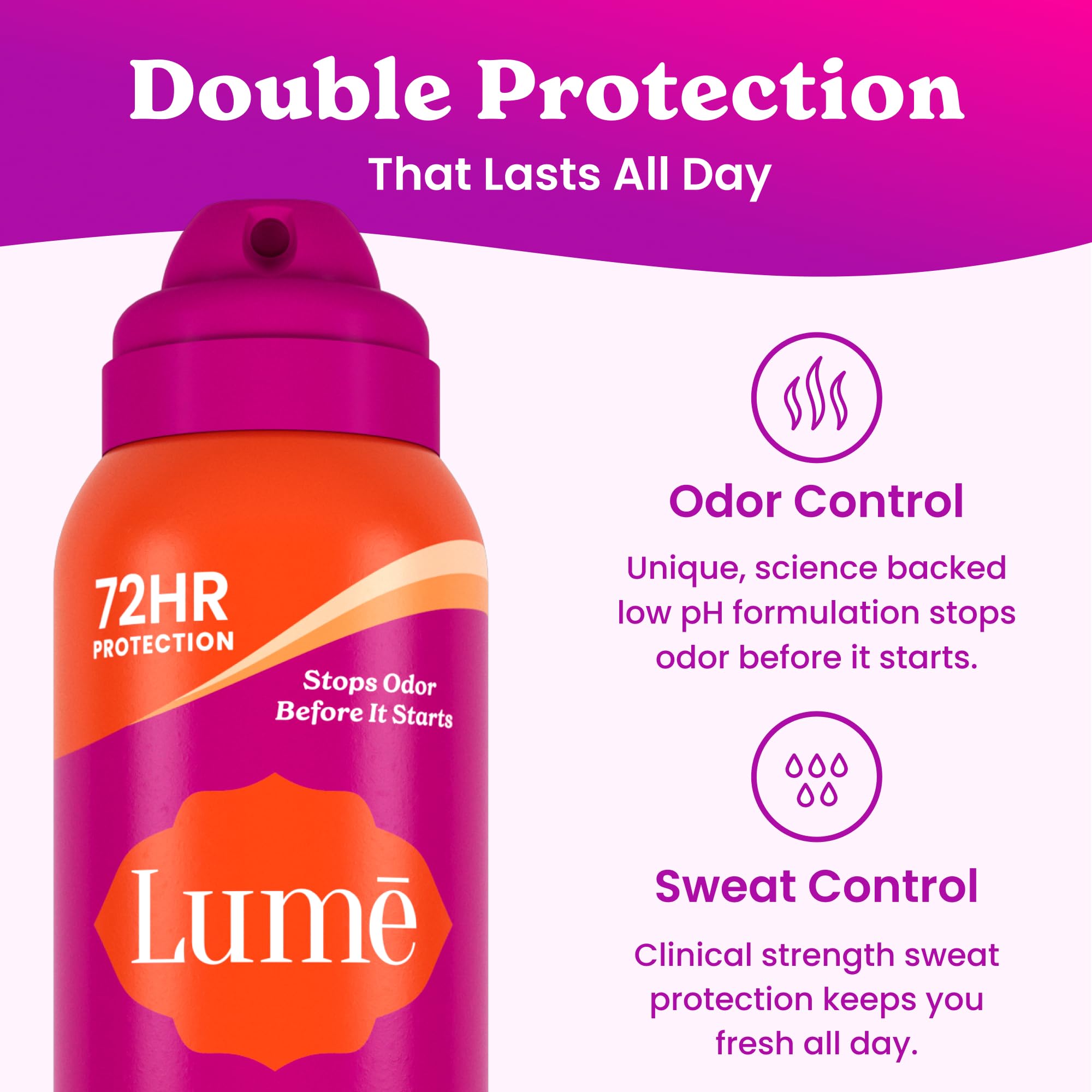 Lume Deodorant Plus Sweat Control spray-dispense demonstrates quick, mess-free application.