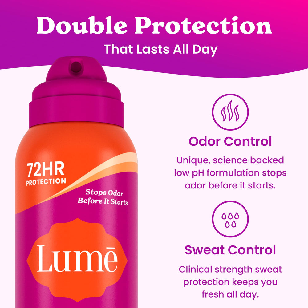 Lume Deodorant Plus Sweat Control spray-dispense demonstrates quick, mess-free application.