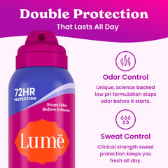 Lume Deodorant Plus being applied to the underarm for quick invisible protection.