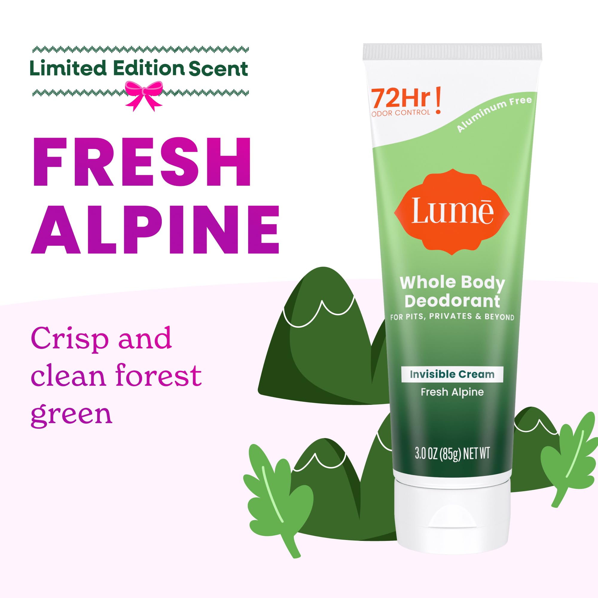 Lume Fresh Alpine scent closeup highlights mountain-inspired fragrance.