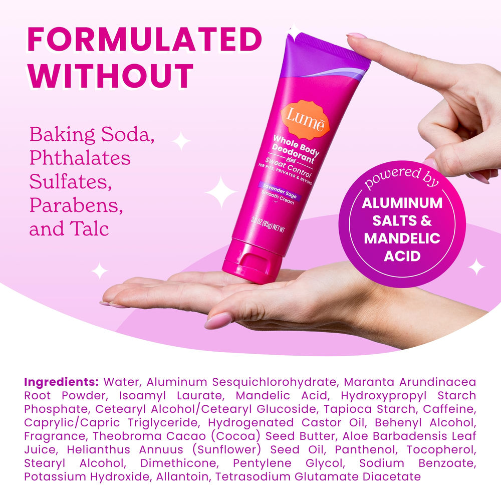 Lume hypoallergenic label signals skin-friendly, suitable for sensitive areas.