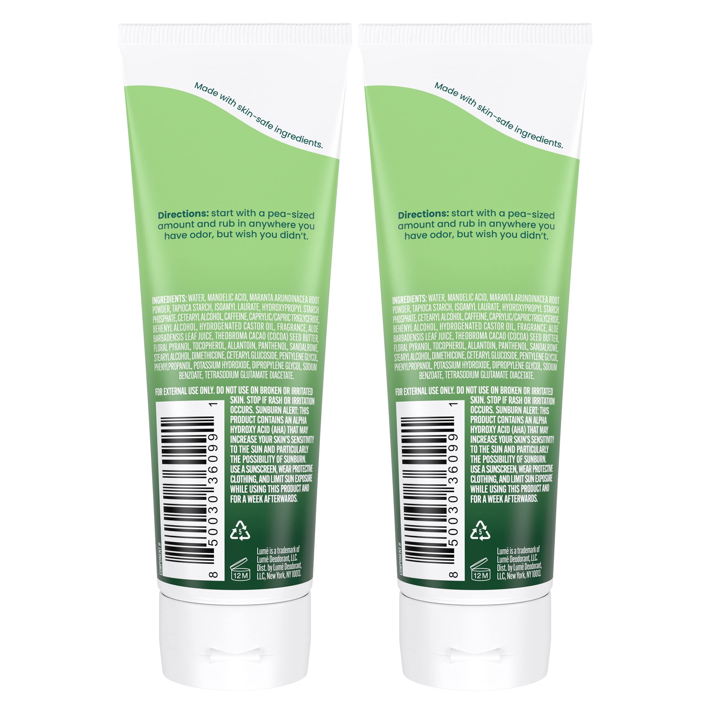 Lume invisible cream tube close-up ready to rub into skin.