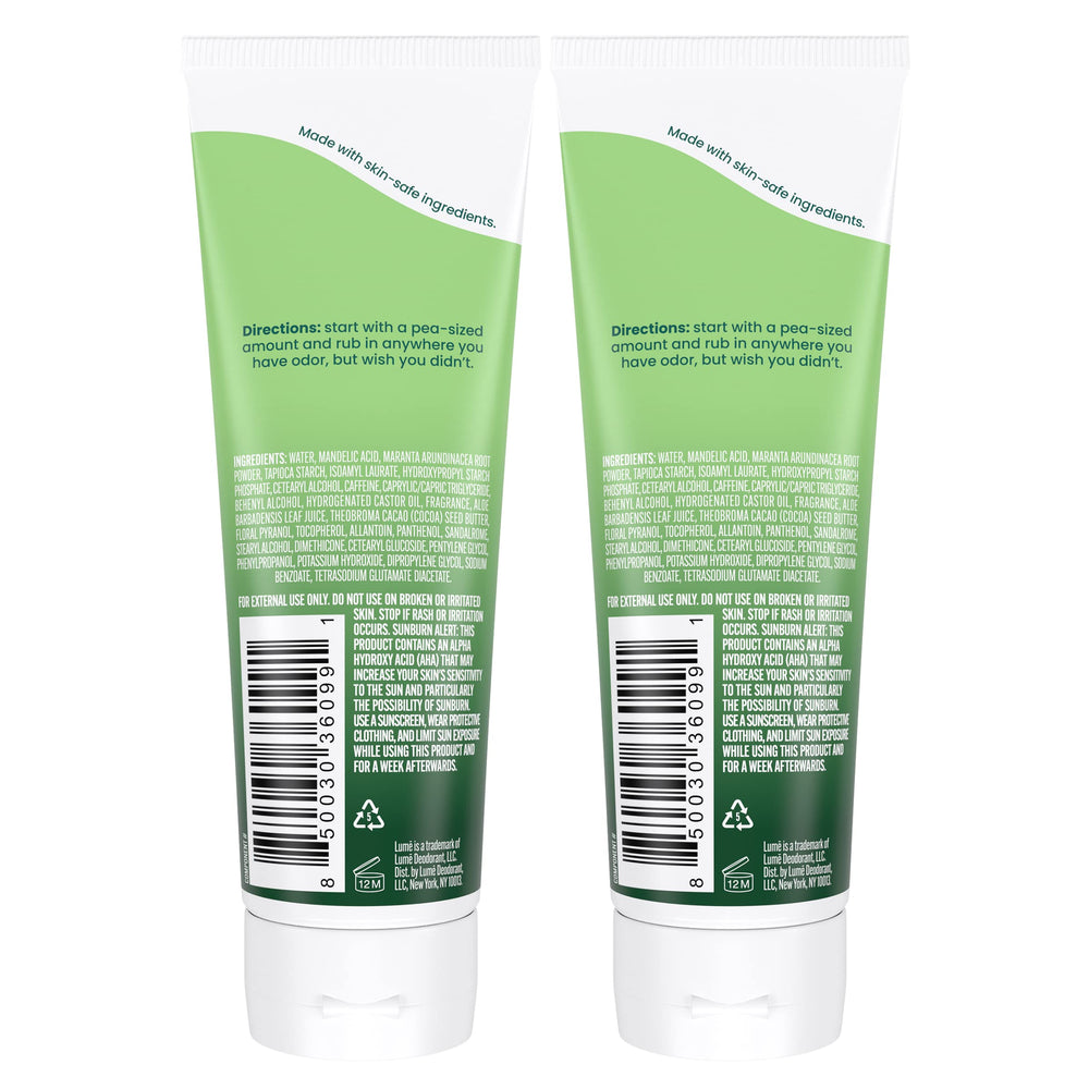 Lume invisible cream tube close-up ready to rub into skin.