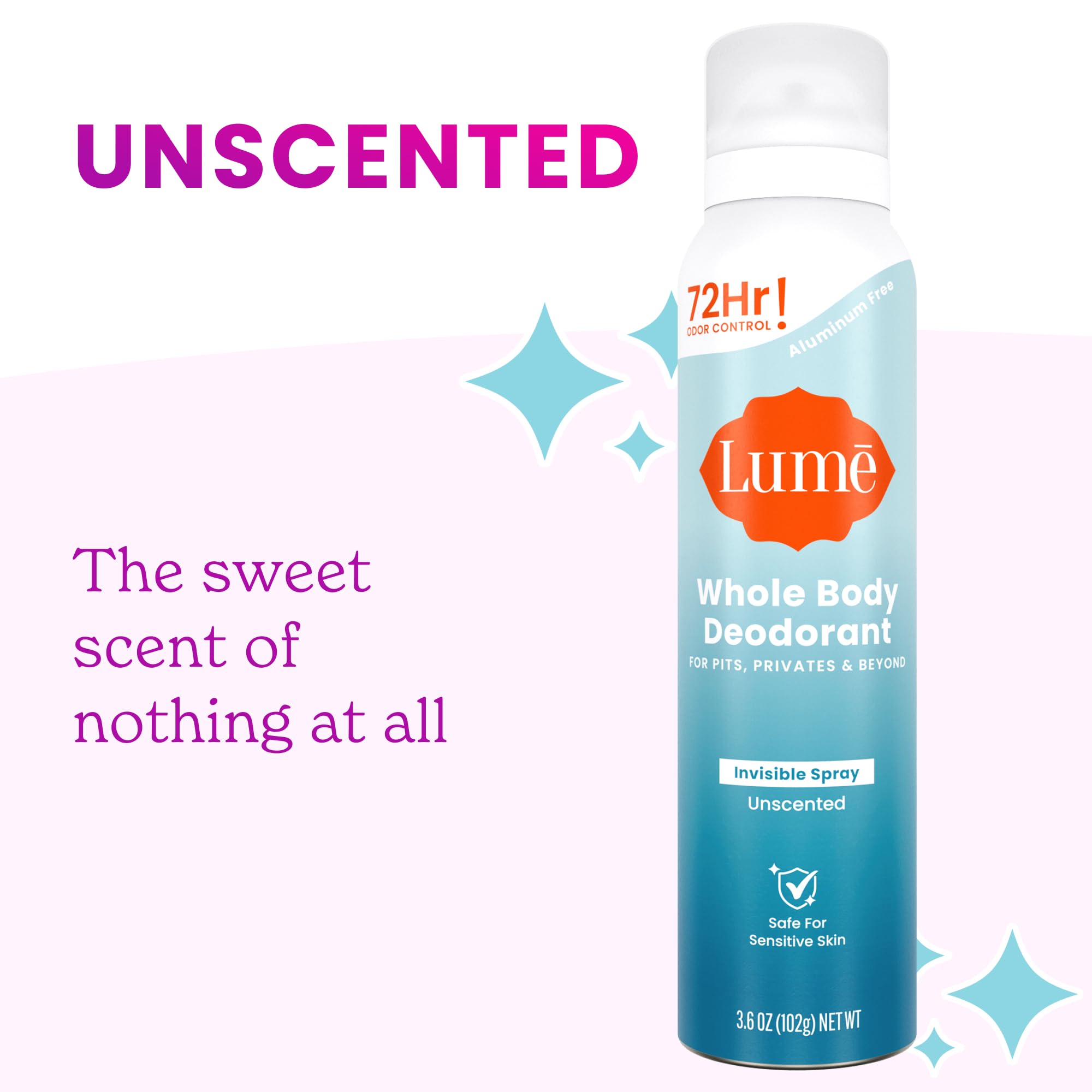 Lume Invisible Spray Deodorant shows 72-hour odor control for all-over body use.