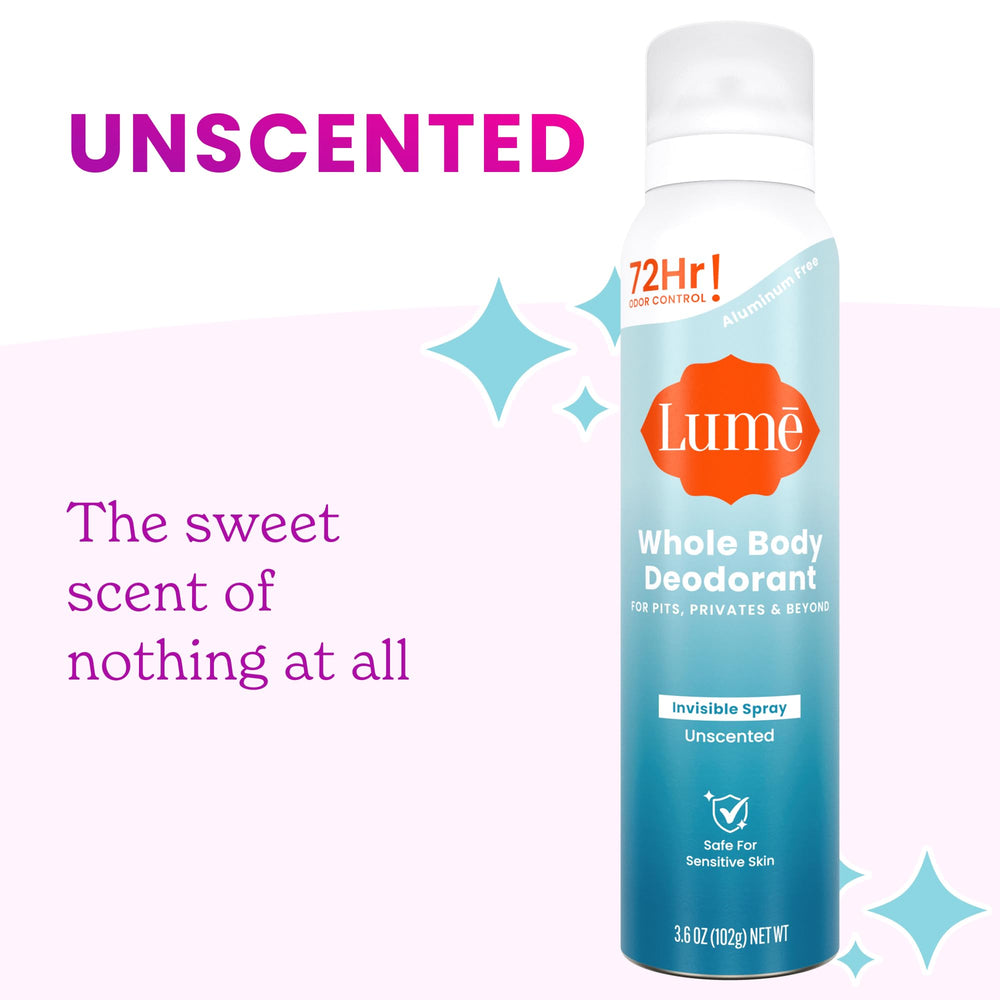 Lume Invisible Spray Deodorant shows 72-hour odor control for all-over body use.