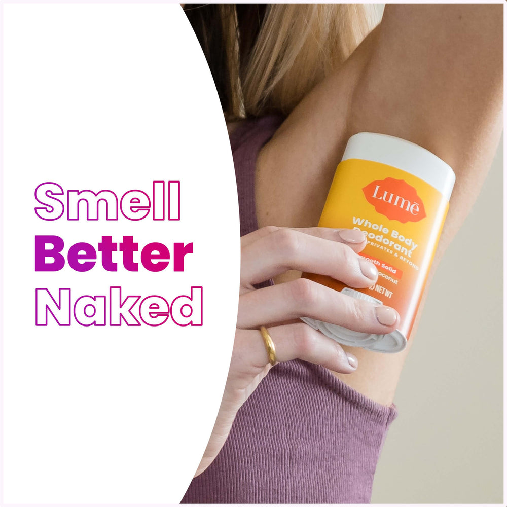 Lume packaging label emphasizes long-lasting odor control across body areas
