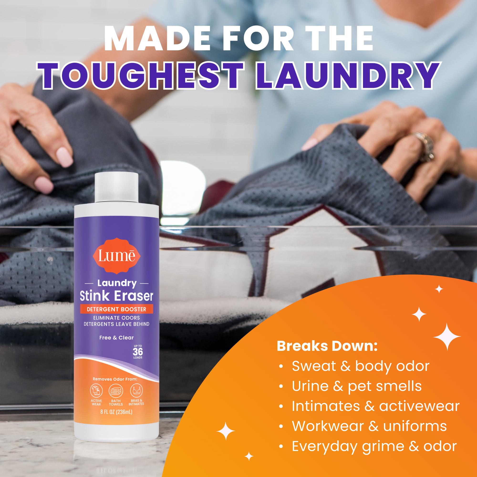 Lume Free and Clear formula emphasizes gentle, dye-free cleaning for sensitive items