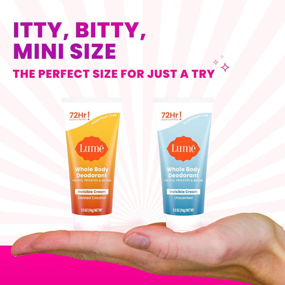 Lume mini travel tube unscented, ideal for sensitive skin.