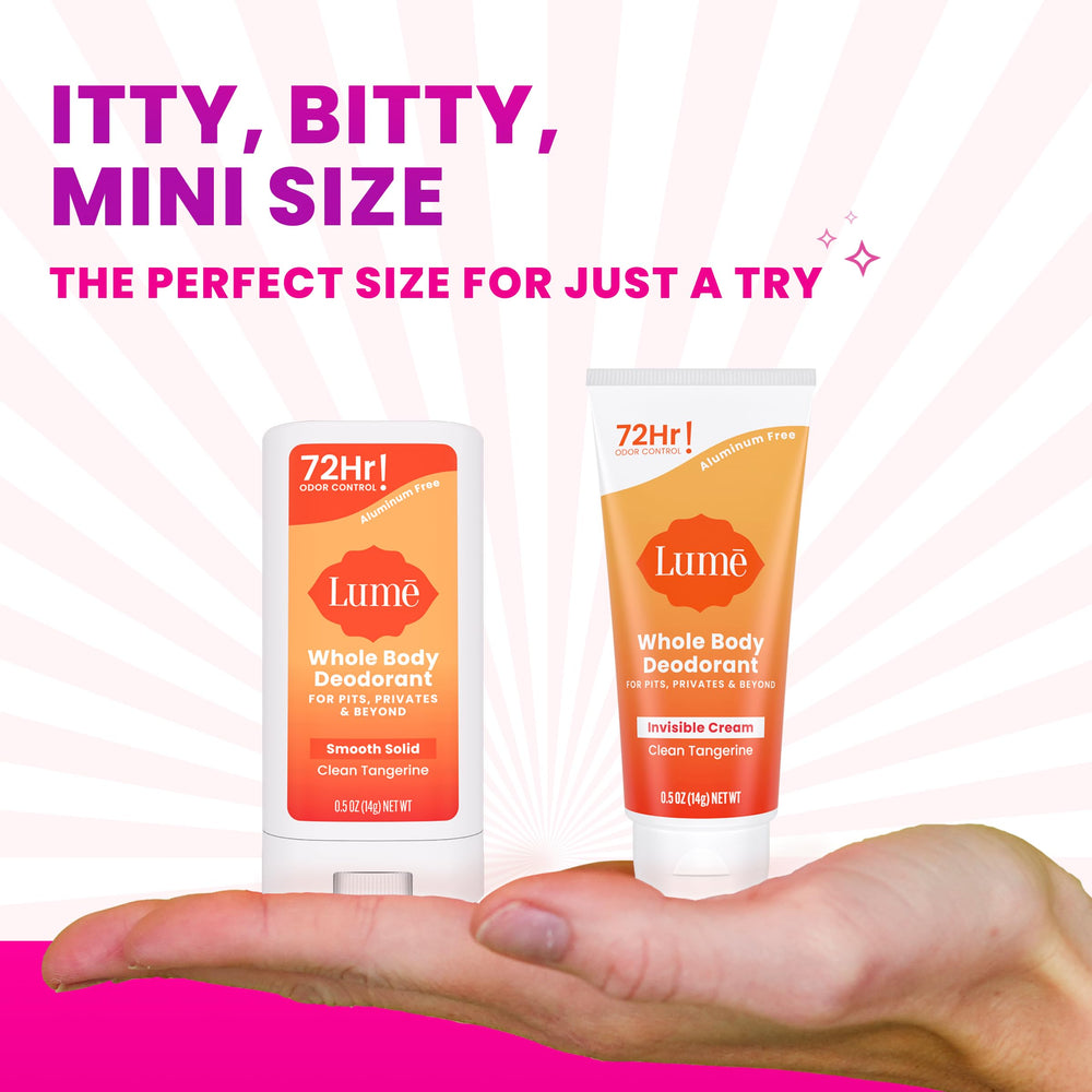 Lume minis invisible-cream packaging ready for quick rub-in.