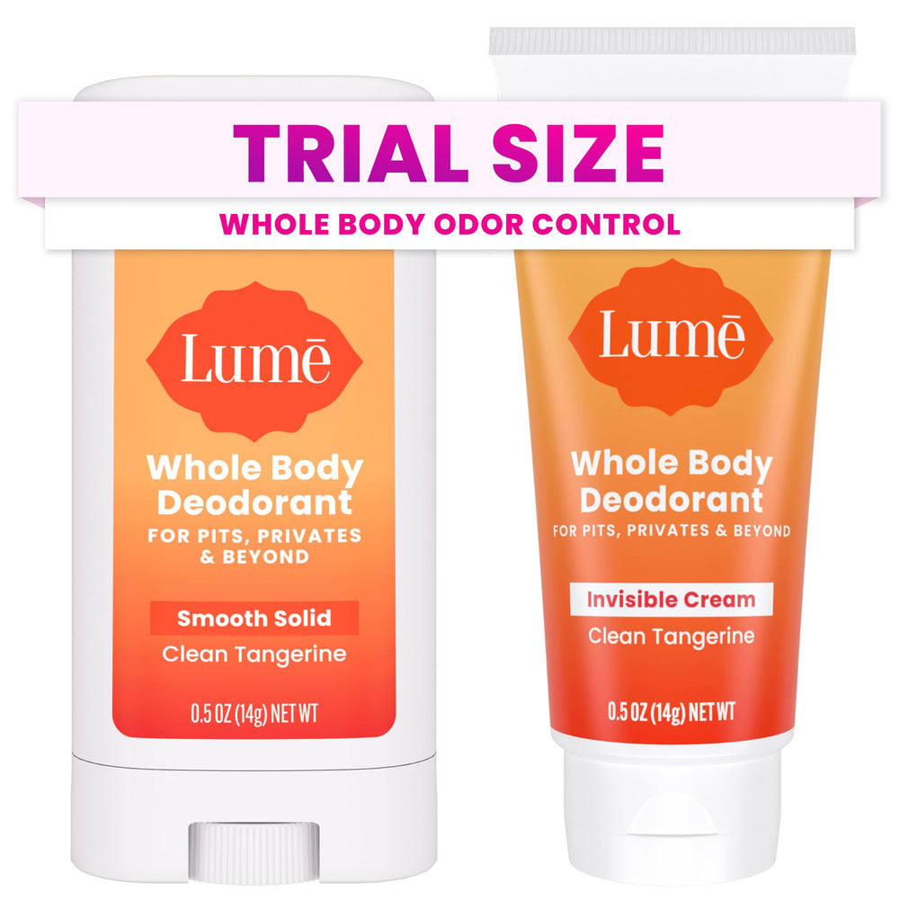 Lume minis solid-stick packaging for on-the-go odor control.
