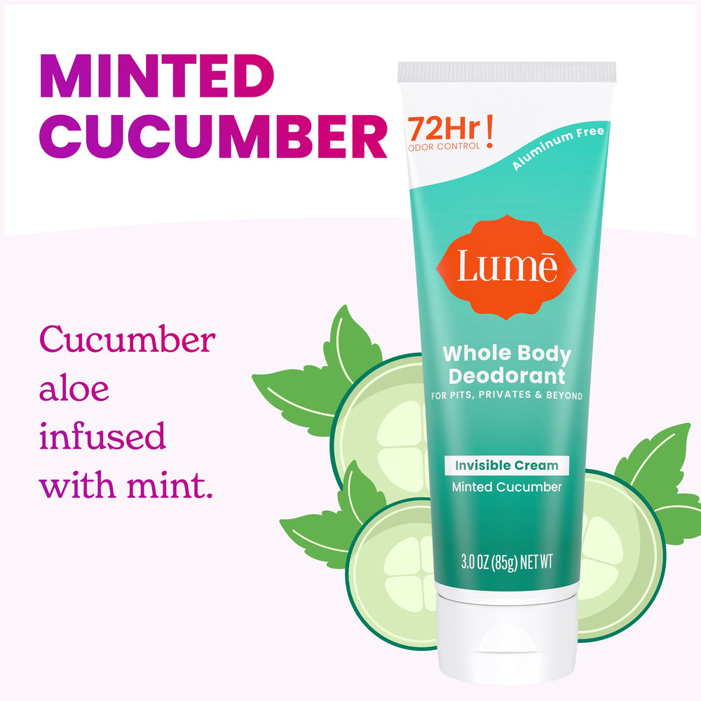 Lume packaging label close-up emphasizes aluminum-free and baking soda-free formula.