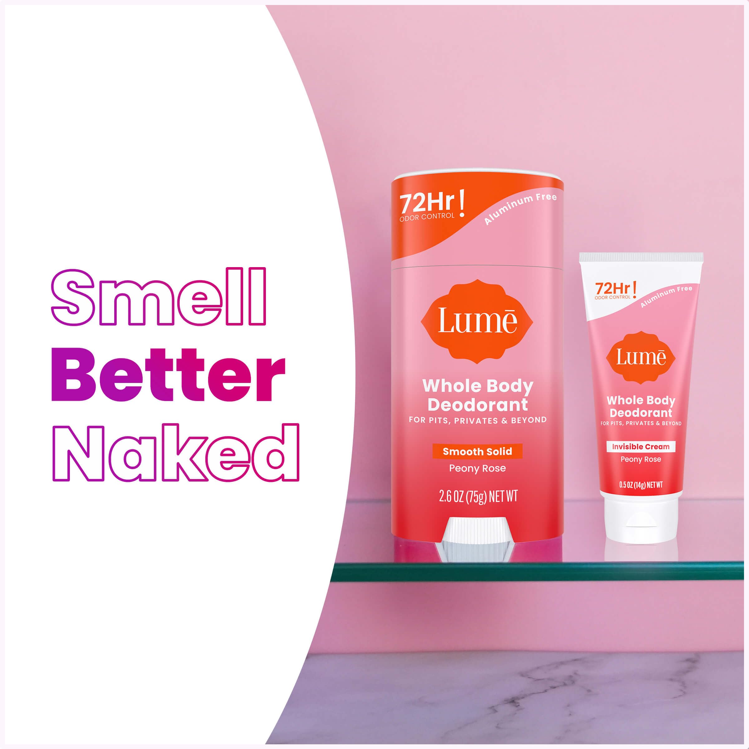 Lume Peony Rose scent complements daily routine with fresh notes.