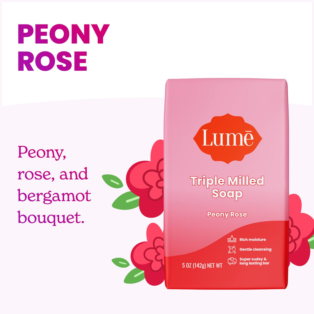 Lume Peony Rose soap close-up shows creamy texture and color.
