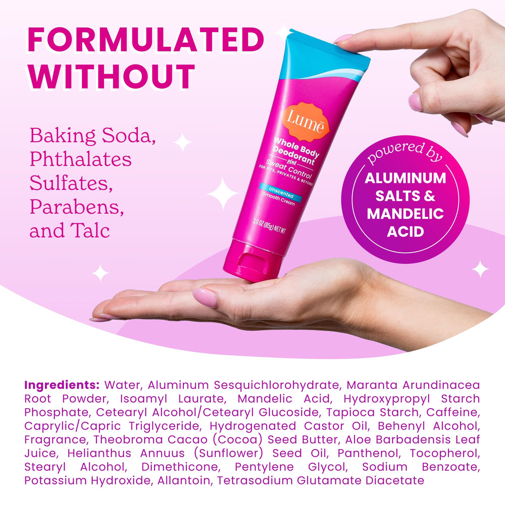 Lume hypoallergenic, dermatologist-developed external-use deodorant for sensitive areas.