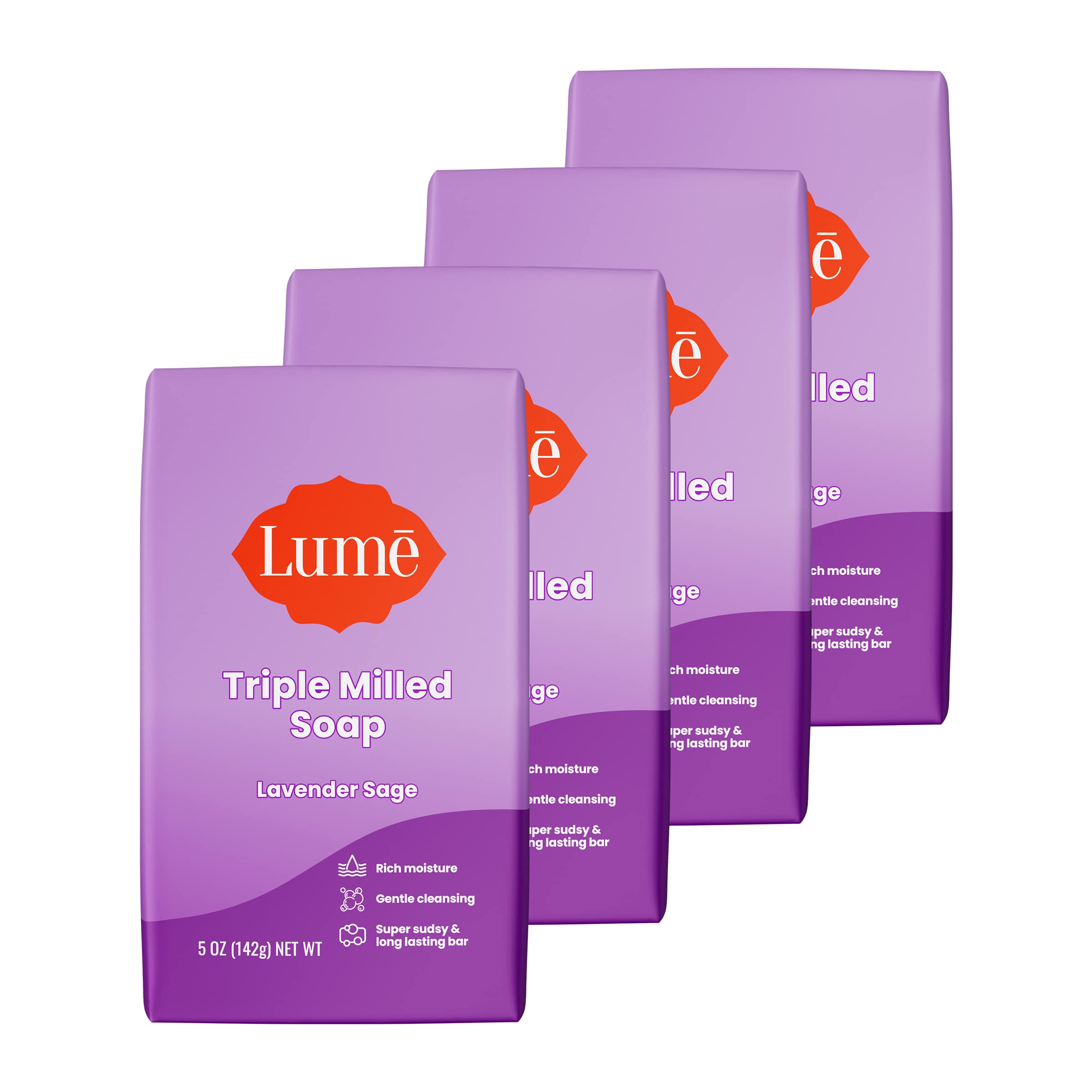 Lume Lavender Sage soap bar close-up showing rich lather for daily cleansing